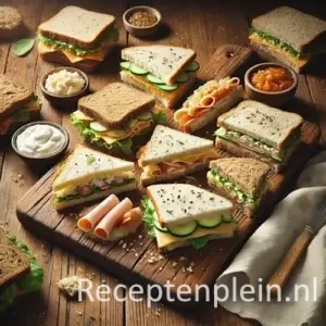 Natuurlijk ogende foodfoto van een houten plank met verschillende sandwichtes van wit en volkorenbrood, gevuld met kipfilet, kaas, komkommer, zalm en sla, losjes gepresenteerd op een warm bruine houten tafel met duidelijke houtstructuur, kruimels en linnen doek in zacht diffuus daglicht.
