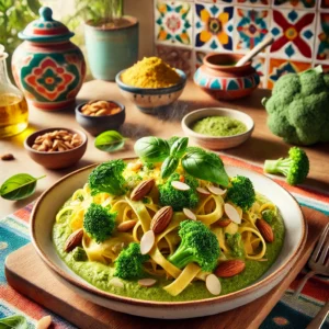 Tagliatelle met Romige Broccolipuree en Amandelschaafsel