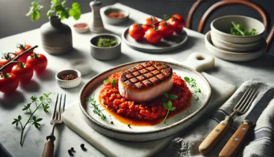 Varkensfricandeau met een korst van tomatentapenade