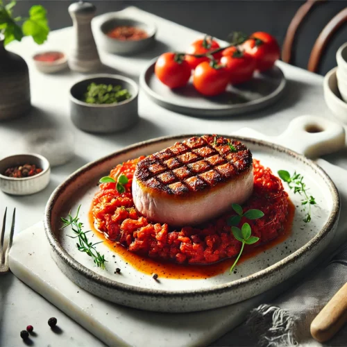 Varkensfricandeau met een korst van tomatentapenade