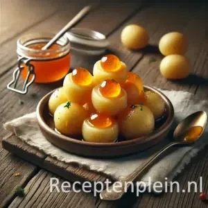 Aardappel amuse recept met marmelade op een rustieke houten tafel