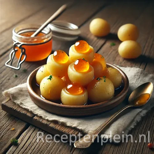 Aardappel amuse recept met marmelade op een rustieke houten tafel