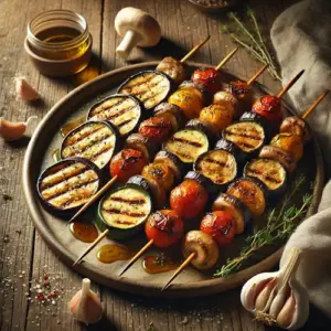 Gegrilde Aubergine Spiezen met Champignon en Tomaat op rustieke houten tafel