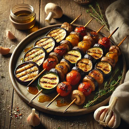 Gegrilde Aubergine Spiezen met Champignon en Tomaat op rustieke houten tafel