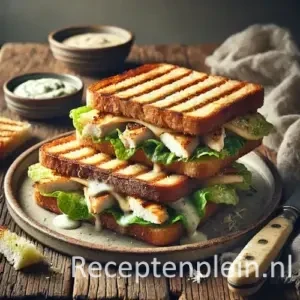 Zeer realistische foodfoto van een gegrilde Caesar kip sandwich op een licht keramieken bord op een rustieke houten tafel. Het sandwichbrood is goudbruin geroosterd met duidelijke grillstrepen en gevuld met gegrilde kipfilet, knapperige romaine sla, geschaafde Parmezaan en romige Caesar dressing die licht uit de zijkant loopt. De sandwich is diagonaal doorgesneden en nonchalant op elkaar gestapeld. Er liggen broodkruimels en enkele druppels dressing op het bord en de tafel. Op de achtergrond staan een schaaltje extra dressing, een gekreukelde linnen doek en een mes in zacht natuurlijk daglicht.