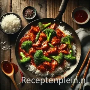Zeer realistische foodfoto van gewokte hot ajam met gember en broccoli, geserveerd met basmati rijst op een rustieke houten tafel. Glanzende stukjes pittige kip in een dieprode saus liggen deels in een donkere wokpan en deels over een bed van witte basmati rijst. Heldere broccoliroosjes met lichte wokblakering en dunne plakjes verse gember zijn zichtbaar tussen de kip. De saus vormt natuurlijke plassen en er liggen enkele rijstkorrels en sausdruppels op tafel. Houten eetstokjes, een schaaltje chilisaus en een gekreukelde linnen doek liggen in warm avondlicht naast het gerecht.