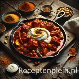Zeer realistische foodfoto van gewokte kip kerrie Madras in een donkere gietijzeren pan op een rustieke houten tafel. Dieporanje stukjes kip in een rijke, glanzende currysaus met zichtbare kruiden en licht gekaramelliseerde randjes worden getopt met een romige lepel yoghurt die onregelmatig in de saus wegvloeit. Goudbruine seroendeng van geroosterde kokos en pinda’s is losjes over het gerecht gestrooid. Langs de rand van de pan zijn subtiele sausspatten zichtbaar. Op tafel staan schaaltjes met extra seroendeng en kruiden, een lepel en een gekreukelde linnen doek in warm avondlicht.