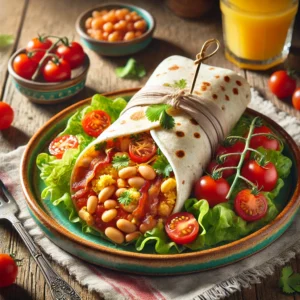 Hartige ontbijtburrito met roerei, spek, bonen, tomaatjes, sla en koriander op een kleurrijk bord op een rustieke houten tafel met een glas sinaasappelsap