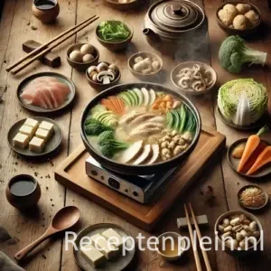 Natuurlijk ogende foodfoto van Japanse bouillonfondue met kip, vis en groenten in een keramische pot op een warm bruine houten tafel met duidelijke houtstructuur, omringd door schaaltjes met rauwe ingrediënten, tofu en chopsticks in zacht diffuus daglicht.