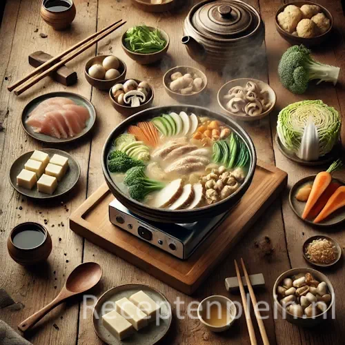Natuurlijk ogende foodfoto van Japanse bouillonfondue met kip, vis en groenten in een keramische pot op een warm bruine houten tafel met duidelijke houtstructuur, omringd door schaaltjes met rauwe ingrediënten, tofu en chopsticks in zacht diffuus daglicht.