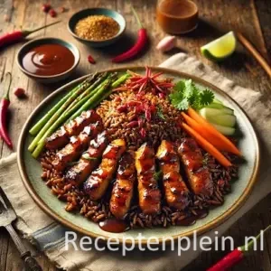 Hyper-realistische foodfoto van Nasi Badjak met donker gekruide rijst, gegrilde barbecue kip met lichte grillstrepen en glanzende satésaus ketjap manis, geserveerd op een keramisch bord op een rustieke houten tafel. Rondom liggen rode pepers, limoenpartjes, koriander, een schaaltje extra satésaus en een linnen servet, vastgelegd in warm natuurlijk licht met een premium food magazine uitstraling.