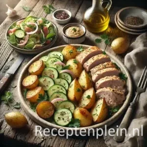 Zeer realistische foodfoto van een Provençaalse kip-tonijnschotel op een grote ovale keramieken schaal op een rustieke houten tafel. Goudbruin gebraden kipfilet met Provençaalse kruiden ligt naast grove stukken licht aangebraden tonijn. Knapperig geroosterde aardappelschijfjes met goudbruine randjes zijn losjes verdeeld over de schaal. Daarnaast ligt een frisse komkommersalade met rode ui, peterselie en een lichte vinaigrette, deels op de schaal en deels in een aparte kom. Op tafel staan een flesje olijfolie, bestek en een gekreukelde linnen doek in warm mediterraan namiddaglicht.