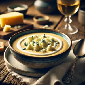Romige bloemkoolsoep met blue Stilton, geserveerd in een diepe keramische kom op een rustieke houten tafel, gegarneerd met room en verkruimelde blauwe kaas.