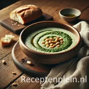 Natuurlijk ogende foodfoto van romige bonensoep met een losse swirl van groene pesto en witte bonen in een keramische kom op een warm bruine houten tafel met duidelijke houtstructuur, geserveerd met rustiek brood, lepel en linnen doek in zacht diffuus daglicht.