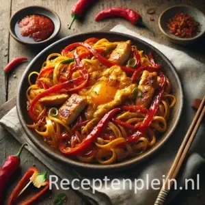 Hyper-realistische foodfoto van Sesambahmi met glanzende roergebakken noedels, gegrilde kipreepjes, rode paprikarepen en stukjes goudbruine omelet met zoete sambal, geserveerd in een keramische kom op een rustieke houten tafel. Op de achtergrond staan schaaltjes sambal, verse pepers en lente-ui, met houten eetstokjes en een linnen doek in warm natuurlijk licht voor een premium food magazine uitstraling.