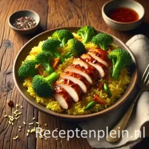 Natuurlijk ogende foodfoto van gerookte sweet chili kip in plakjes op gele wokrijst met broccoli in een keramische kom op een warm bruine houten tafel met duidelijke houtstructuur, subtiele sausdruppels en linnen doek in zacht diffuus daglicht.