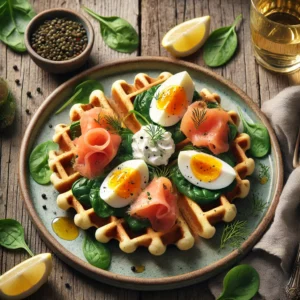 Hartige wafels met gerookte zalm, spinazie, crème fraîche en zachtgekookte eieren, geserveerd op een gekleurd bord op een rustieke houten tafel met partjes citroen en dille