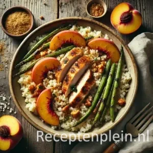 Zeer realistische foodfoto van couscous met pittige gegrilde kip, partjes perzik en snijbonen in een brede handgemaakte keramieken schaal op een rustieke houten tafel. Luchtige couscous vormt de basis met licht gekruide kipfilet met grillstrepen en een roodbruine specerijenlaag. Sappige perzikpartjes zorgen voor warme oranje tinten en de snijbonen zijn licht gebakken met subtiele blakering. De ingrediƫnten liggen losjes gemengd met enkele couscouskorrels op tafel. Een houten lepel, een schaaltje specerijen en een gekreukelde linnen doek liggen in zacht namiddaglicht op de achtergrond.