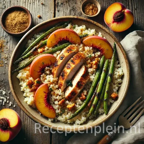 Zeer realistische foodfoto van couscous met pittige gegrilde kip, partjes perzik en snijbonen in een brede handgemaakte keramieken schaal op een rustieke houten tafel. Luchtige couscous vormt de basis met licht gekruide kipfilet met grillstrepen en een roodbruine specerijenlaag. Sappige perzikpartjes zorgen voor warme oranje tinten en de snijbonen zijn licht gebakken met subtiele blakering. De ingrediënten liggen losjes gemengd met enkele couscouskorrels op tafel. Een houten lepel, een schaaltje specerijen en een gekreukelde linnen doek liggen in zacht namiddaglicht op de achtergrond.