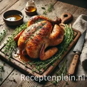 Zeer realistische foodfoto van een hele in dragon gebraden kip op een robuuste houten snijplank op een rustieke houten tafel. De kip heeft een goudbruine, licht ongelijkmatige krokante huid met natuurlijke braadsappen die zich op de plank verzamelen. Verse takjes dragon liggen verspreid over en rond de kip, deels licht verwelkt door de warmte. Een rustiek koksmes ligt naast de kip en er zijn kleine vet- en sapsporen zichtbaar op het hout. Op de achtergrond staan een schaaltje met braadjus en een gekreukelde linnen doek in zacht namiddaglicht.