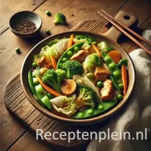 Natuurlijk ogende foodfoto van tjap tjoy met gestoomde groenten en stukjes kip in een lichte saus, geserveerd in een keramische kom op een warm bruine houten tafel met duidelijke houtstructuur, met chopsticks en linnen doek in zacht diffuus daglicht voor een huiselijke sfeer.