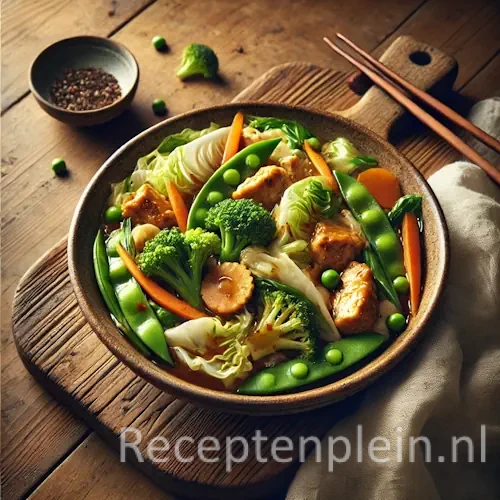 Natuurlijk ogende foodfoto van tjap tjoy met gestoomde groenten en stukjes kip in een lichte saus, geserveerd in een keramische kom op een warm bruine houten tafel met duidelijke houtstructuur, met chopsticks en linnen doek in zacht diffuus daglicht voor een huiselijke sfeer.