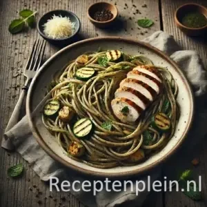 Zeer realistische foodfoto van volkoren spaghetti met courgette-muntsaus en gegrilde kip in een brede keramieken pastaschaal op een rustieke houten tafel. De donkerbruine volkoren pasta is losjes gedraaid en bedekt met een lichtgroene saus met zichtbare stukjes courgette en munt. Plakken gegrilde kipfilet met grillstrepen liggen bovenop. Enkele pastaslierten vallen nonchalant over de rand van de schaal. Op tafel staan een schaaltje geraspte kaas, wat verse muntblaadjes, een vork in de pasta en een gekreukelde linnen doek in zacht natuurlijk daglicht.