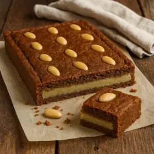 Amandelgevulde speculaasplaat op rustieke houten tafel met garneeramandelen