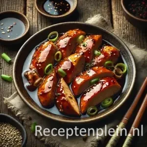 Zeer realistische foodfoto van in sojasaus gemarineerde kipfilet in een donkere keramieken kom op een rustieke houten tafel. De kip is in ongelijk gesneden stukken met licht gekaramelliseerde randjes en ligt in een natuurlijke plas donkere sojasaus die zich onregelmatig in de kom verzamelt. Op de rand zitten subtiele sausdruppels en op tafel enkele kleine spatten. De kip is losjes gegarneerd met ringetjes lente-ui en sesamzaad. Naast de kom liggen houten eetstokjes, een klein schaaltje extra sojasaus en een gekreukelde linnen doek. Zacht, natuurlijk avondlicht zorgt voor een authentieke, niet-overgestylede uitstraling.