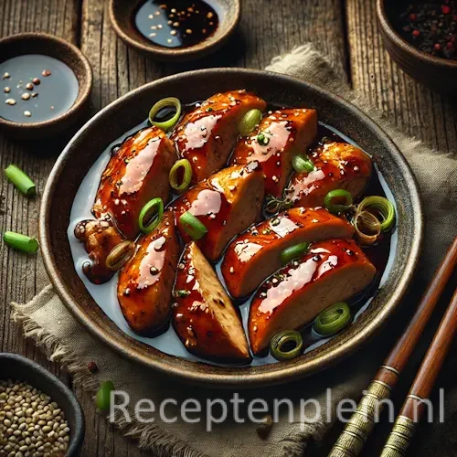 Zeer realistische foodfoto van in sojasaus gemarineerde kipfilet in een donkere keramieken kom op een rustieke houten tafel. De kip is in ongelijk gesneden stukken met licht gekaramelliseerde randjes en ligt in een natuurlijke plas donkere sojasaus die zich onregelmatig in de kom verzamelt. Op de rand zitten subtiele sausdruppels en op tafel enkele kleine spatten. De kip is losjes gegarneerd met ringetjes lente-ui en sesamzaad. Naast de kom liggen houten eetstokjes, een klein schaaltje extra sojasaus en een gekreukelde linnen doek. Zacht, natuurlijk avondlicht zorgt voor een authentieke, niet-overgestylede uitstraling.
