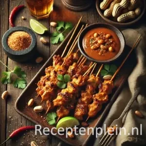 Hyperrealistische foodfoto van gemarineerde kipsaté op houten spiesjes met grillstrepen, geserveerd op een donkere keramieken schaal op een rustieke houten tafel. Naast de spiesjes staat een kom met dikke pittige pindasaus, gegarneerd met gehakte pinda’s en rode chiliringetjes. Rondom liggen partjes limoen, verse koriander, losse pinda’s, een linnen doek en een mes. Warm natuurlijk licht benadrukt de glanzende saté en de romige saus, met een sfeervolle premium food magazine uitstraling.