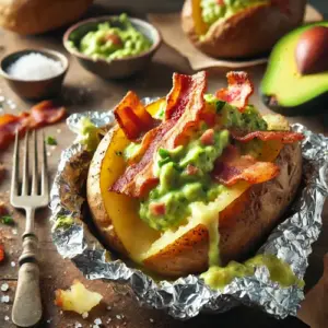Gepofte aardappels barbecue met bacon en avocadosaus op rustieke houten tafel