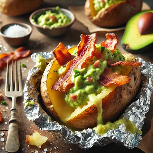 Gepofte aardappels barbecue met bacon en avocadosaus op rustieke houten tafel