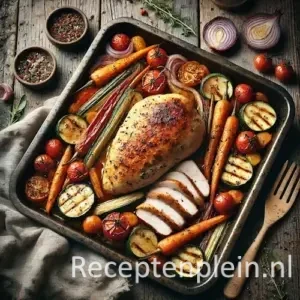 Zeer realistische foodfoto van een gebraden kipfilet in een donkere metalen ovenschaal op een rustieke houten tafel. De kip heeft een ongelijkmatig goudbruin korstje en is deels in dikke plakken gesneden met zichtbare sappen. Rondom liggen gemarineerde oven­groenten zoals wortels, courgette, rode ui en cherrytomaten met gekaramelliseerde randjes en lichte grillstrepen. Olijfolie en kruiden glanzen subtiel in de schaal, met kleine aanbaksels langs de randen. Op tafel liggen een gekreukelde linnen doek, een houten lepel en enkele losse groentestukjes in zacht natuurlijk daglicht.