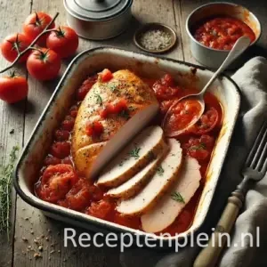 Zeer realistische foodfoto van gerookte kipfilet in een licht versleten geƫmailleerde ovenschaal op een rustieke houten tafel. De kip is ongelijkmatig gesneden met een subtiele roze kern en licht gebruinde buitenkant. Grove tomatensaus met zichtbare tomaatstukjes en verse dragon is losjes over de kip gelepeld, met natuurlijke sausvlekken langs de rand van de schaal. Op tafel liggen enkele kruimels en kleine spatten saus. Op de achtergrond staan een klein pannetje met extra saus, een vork en een gekreukelde linnen doek in zacht namiddaglicht.