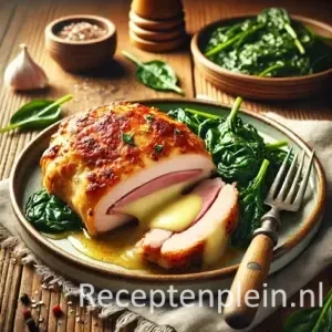 Natuurlijk ogende foodfoto van een gevulde kipcordon bleu met gesmolten kaas en ham, licht krokant gebakken en geserveerd met gebakken spinazie op een warm bruine houten tafel met duidelijke houtstructuur, linnen doek en vork in zacht diffuus daglicht.