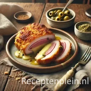Natuurlijk ogende foodfoto van een gevulde kipcordon bleu met gesmolten kaas en ham, licht krokant gebakken en geserveerd met groene olijventapenade op een warm bruine houten tafel met duidelijke houtstructuur, kruimels en linnen doek in zacht diffuus daglicht.
