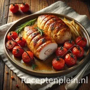 Natuurlijk ogende foodfoto van gevulde kipfilet pakketjes, licht goudbruin gebakken en aangesneden, geserveerd met geroosterde cherrytomaten en gebakken spitskool op een warm bruine houten tafel met duidelijke houtstructuur, linnen doek en zacht diffuus daglicht voor een huiselijke uitstraling.
