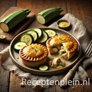 Natuurlijk ogende foodfoto van gevulde kippasteitjes met courgette in goudbruin bladerdeeg, waarvan één geopend is met romige kipvulling zichtbaar, geserveerd op een warm bruine houten tafel met duidelijke houtstructuur, linnen doek, vork en losse kruimels in zacht diffuus daglicht.