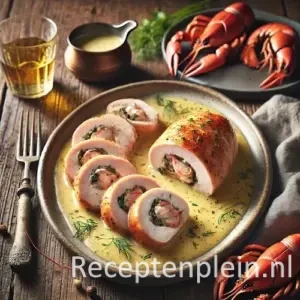 Hyperrealistische foodfoto van een gevulde kipfilet met rivierkreeftjes, in dikke plakken gesneden zodat de romige vulling zichtbaar is. Het gerecht ligt op een ovale keramieken schaal met een lichte botersaus die natuurlijk over het bord is verdeeld. Rondom liggen takjes dille, citroenrasp en enkele losse rivierkreeftjes op een rustieke houten tafel. Op de achtergrond staan een koperen sauspannetje, een glas witte wijn en een linnen doek. Warm namiddaglicht benadrukt de sappige structuur van de kip en de romige vulling, met een premium maar realistische uitstraling.
