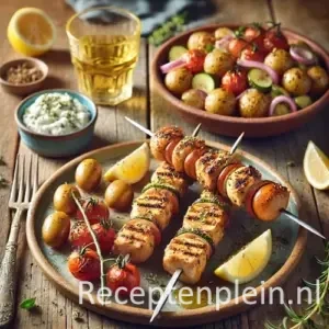 Griekse kipspiesjes met mediterrane krieltjessalade op rustieke houten tafel