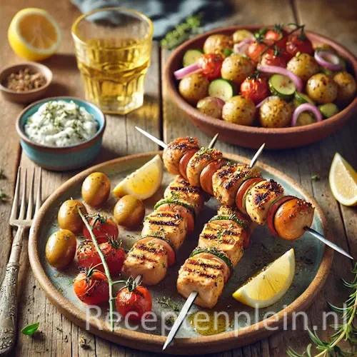 Griekse kipspiesjes met mediterrane krieltjessalade op rustieke houten tafel