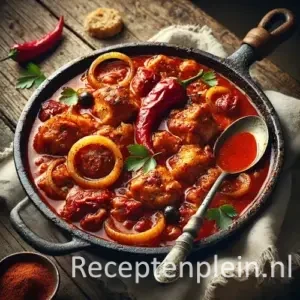 Zeer realistische foodfoto van Hongaarse kipstoofpot met paprika in een zware gietijzeren pan op een rustieke houten tafel. Malse stukken kip liggen in een diepe roodbruine paprikasaus met zichtbare uienringen en repen paprika, met een lichte olielaag die natuurlijk bovenop drijft. Een lepel rust in de stoofpot en er zijn subtiele sausspatten langs de rand van de pan. Op tafel liggen wat gemorste paprikapoeder, een snee rustiek brood en een gekreukelde linnen doek in zacht natuurlijk daglicht.