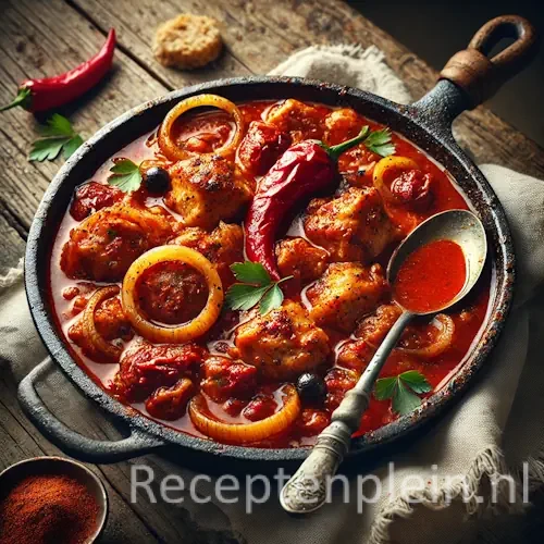 Zeer realistische foodfoto van Hongaarse kipstoofpot met paprika in een zware gietijzeren pan op een rustieke houten tafel. Malse stukken kip liggen in een diepe roodbruine paprikasaus met zichtbare uienringen en repen paprika, met een lichte olielaag die natuurlijk bovenop drijft. Een lepel rust in de stoofpot en er zijn subtiele sausspatten langs de rand van de pan. Op tafel liggen wat gemorste paprikapoeder, een snee rustiek brood en een gekreukelde linnen doek in zacht natuurlijk daglicht.