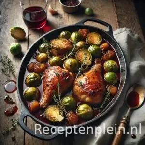 Zeer realistische foodfoto van in rode wijn gestoofde kip in een zware gietijzeren braadpan op een rustieke houten tafel. Goudbruin aangebraden kippenbouten liggen in een diepe roodbruine wijnsaus met sjalotten, wortels en takjes tijm. Gehalveerde spruitjes met gekaramelliseerde snijvlakken liggen verspreid in de saus. De saus vormt natuurlijke plassen met lichte druppels langs de rand van de pan en enkele spatten op de tafel. Naast de pan staan een halfvol glas rode wijn en een gekreukelde linnen doek in zacht winterdaglicht.