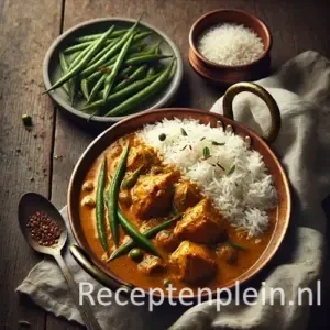 Zeer realistische foodfoto van Indiase kipcurry in een licht verweerde koperen pan op een rustieke houten tafel. Malse stukken kip liggen in een goudoranje currysaus met zichtbare specerijen en kleine oliedruppels aan de oppervlakte. Naast de curry ligt een portie luchtige pandanrijst met een subtiele groene tint, losjes opgeschept. Op een aparte schaal liggen licht geblakerde sperziebonen. Er zijn kleine sausspatten op de rand van de pan en wat gemorste specerijen op tafel. Warm avondlicht en een gekreukelde linnen doek zorgen voor een huiselijke, authentieke uitstraling.