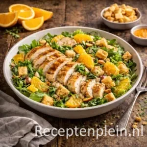 Een frisse en kleurrijke kipsalade met malse gegrilde kipfilet, sappige sinaasappelpartjes en knapperige croutons op een bedje van gemengde sla. Afgewerkt met noten en een lichte citrusdressing voor een perfecte balans tussen zoet, hartig en krokant. Ideaal als lunch of lichte avondmaaltijd.
