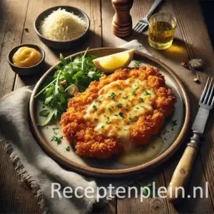 Hyperrealistische foodfoto van een goudbruine kipschnitzel met gesmolten kaaskorstje op een rustieke houten tafel. De schnitzel ligt op een keramieken bord en is gegarneerd met verse peterselie, met daarnaast een partje citroen en een frisse rucolasalade. Rondom staan een linnen servet, een rustiek mes en vork en een schaaltje met geraspte kaas. Warm natuurlijk licht benadrukt de krokante korst en het romige gesmolten kaasje, met een sfeervolle premium food magazine uitstraling.