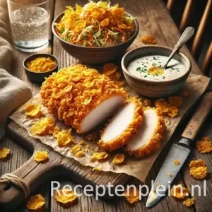 Hyperrealistische foodfoto van knapperige kipfilet met een goudbruine cornflakeskorst op een rustieke houten tafel. De kip ligt op een houten serveerplank met bakpapier en is in plakken gesneden zodat het sappige witte vlees zichtbaar is. Rondom liggen losse cornflakes, een kommetje romige dipsaus, een schaal koolsalade met wortel, een linnen doek, een rustiek mes en een glas bruiswater. Warm natuurlijk licht benadrukt de extra krokante textuur en geeft een premium food magazine uitstraling.