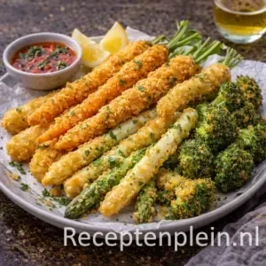 Knapperige groente snacks op een rustieke houten tafel.